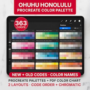 May include: A digital tablet screen displaying the Ohuhu Honolulu Procreate Color Palette with 363 colors organized into multiple swatches. The interface shows various color groups, including blues, greens, pinks, and earth tones, with text labels indicating new and old codes and color names.