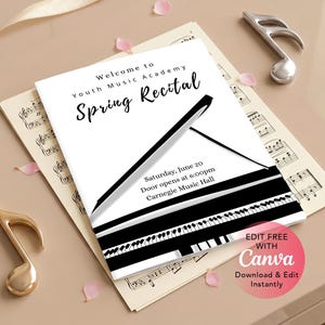 May include: A white rectangular invitation card featuring a black graphic of a grand piano and the text Welcome to Youth Music Academy Spring Recital, Saturday, June 20, Door opens at 6:00pm, Carnegie Music Hall, placed on sheet music.