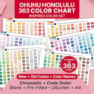 Ohuhu Honolulu 363 Farbmusterkarte, Farbtabelle mit Farbcodes, neue und alte Codes mit Bezeichnungen, leer und vorausgefüllt, A4/US Letter PDF
