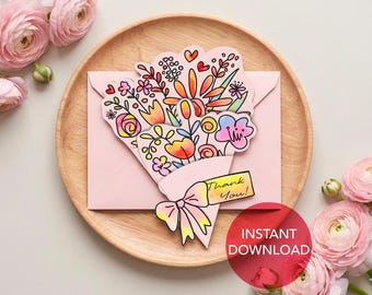 Manualidad imprimible de ramo de flores y tarjeta desplegable / Regalo para niños para el Día de la Madre, Agradecimiento a los Maestros o Cumpleaños (Descarga digital)