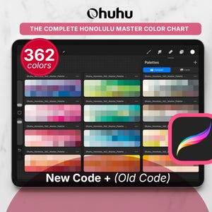Può includere: Uno schermo di tablet che mostra la tabella colori Ohuhu Honolulu Master Color Chart con 362 colori. L'interfaccia presenta diverse tavolozze di colori in una griglia, inclusi toni rosa, blu, verdi e neutri, con l'icona dell'app Procreate.