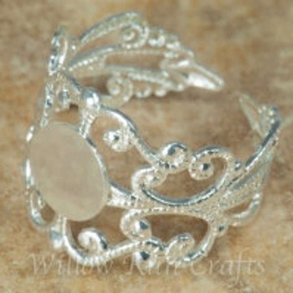 10 Silver Filigree Rings Adjustable with 10 mm glue pad  (07-42-770) Ring Setting