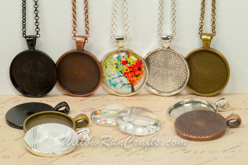 10 sets 25mm Circle DIY Pendant Necklace Kits, Circle Trays with Glass Cabochons and Necklace Chain, Pick your choice of chain and colors image 2