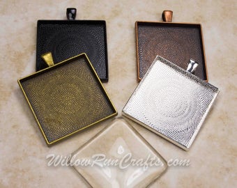 25pcs 35mm Square Pendant Trays, Mix and Match Antique Bronze, Black, Antique Copper and Silver Plated, (glass not included)