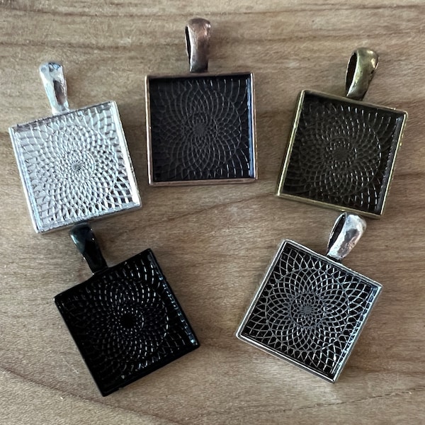 10 pcs 16mm Square Pendant Trays in Antique Bronze, Silver, Antique Silver, Antique Copper and Black, with Optional Glass