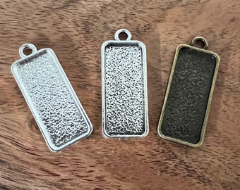 10pcs 10mm x 25mm Rectangle Pendant Trays  in Antique Bronze,  Antique Silver and Silver, Bezel Cabochon Setting
