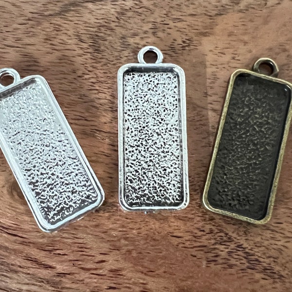 10pcs 10mm x 25mm Rectangle Pendant Trays  in Antique Bronze,  Antique Silver and Silver, Bezel Cabochon Setting