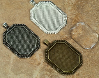 20 pcs 22 x 30mm Octagon Pendant trays, with 20 Octagon Glass Cabs Antique Silver, Antique Bronze and Silver