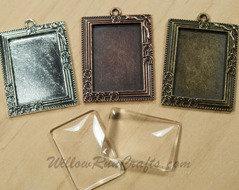 20 pcs 25 x 35mm Victorian Rectangle Pendant trays wtih Glass in Antique Copper, Antique Silver, Antique Bronze  25mm x 35mm.