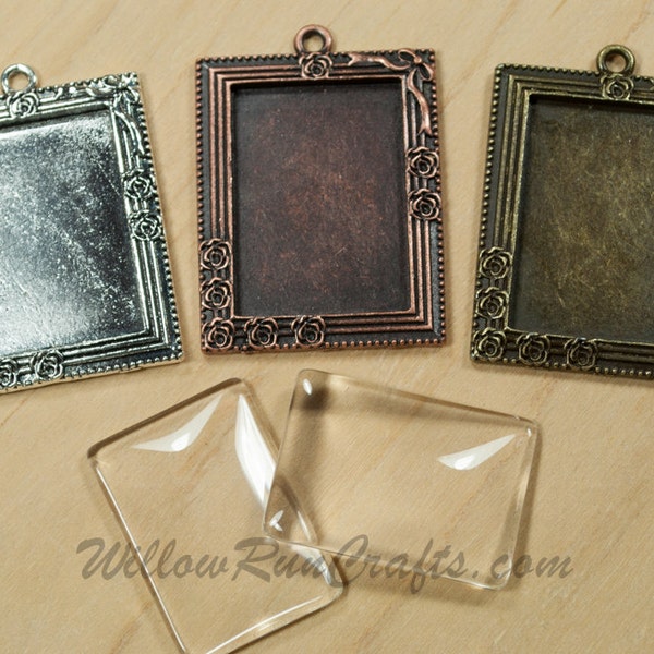 10 pcs 25mm x 35mm Victorian Rectangle Pendant trays wtih Glass 25mm x 35mm in Antique Copper, Antique Silver, Antique Bronze  25mm x 35mm.