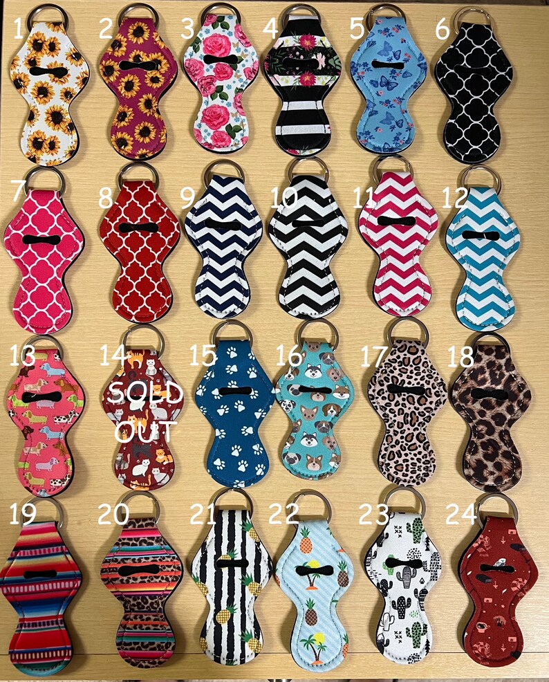 Chapstick Holder Neoprene Key Chain, Many Designs to choose from  Please Read Description 