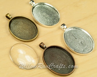 20 pcs 22 x 30mm Oval Pendant Trays with 20 Glass Cabochons in Antique Copper, Antique Bronze, Antique Silver and Silver, Bezel Setting