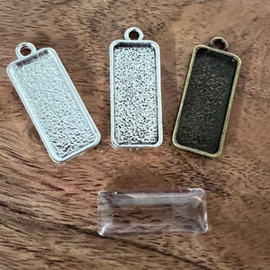 10pcs 10mm x 25mm Rectangle Pendant Trays with Glass  in Antique Bronze,  Antique Silver and Silver, Bezel Cabochon Setting