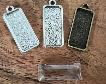 10 plateaux à pendentif rectangulaires de 10 mm x 25 mm avec verre en bronze antique, argent et argent antiques, monture cabochon