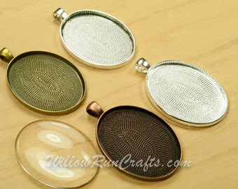 10 pcs 30 x 40mm Oval Pendant Trays with 10 Glass Oval Cabs 30 x 40mm. AntCopper, Ant Silver, Ant Bronze, and Silver, Blank Cabochon Setting