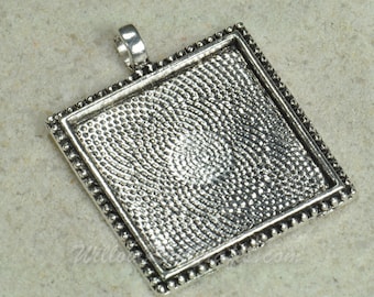 10 pcs 25mm Square Pendant Trays Antique Silver with Ornamental Edging  (19-12-272), Blank Bezel Cabochon Setting