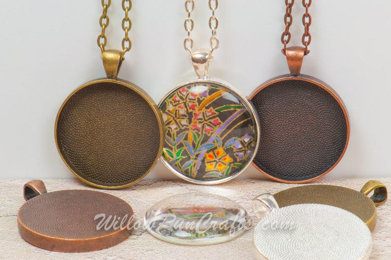 20 DIY Pendant Kits, 30mm Circle Pendant Trays with Glass and Chain, Pick your choice of chain and colors image 2