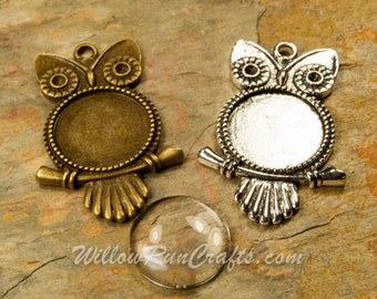 10 Pack 20mm Owl Pendant Trays, 20mm Setting with Glass in Antique Bronze or Antique Silver, Blank Bezel Cabochon Setting