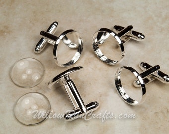 10 Silver Plated Cuff links w/Glass (5 pair), 16 mm  or 18mm bezel tray with 10 Glass Cabochons, Cuff Links Blanks (07-14-393)