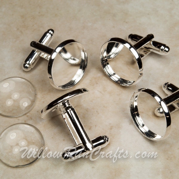 10 Silver Plated Cuff links w/Glass (5 pair), 16 mm  or 18mm bezel tray with 10 Glass Cabochons, Cuff Links Blanks (07-14-393)