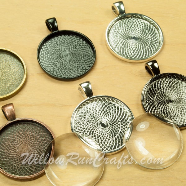 20 pcs 25mm Circle Pendant Trays with  20 Glass Cabochons, in Ant Bronze, Ant Copper, Black, Gun Metal, Ant Silver,  Silver