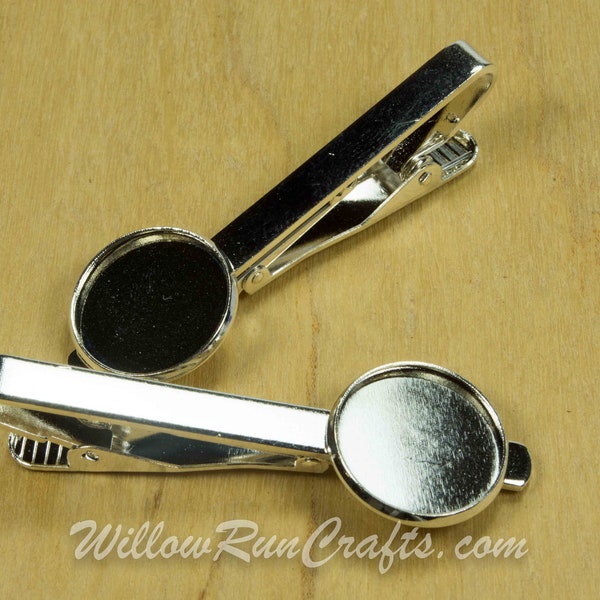 10 Shiny Silver Plated Tie Clips 16mm Bezel Cup (07-56-010)