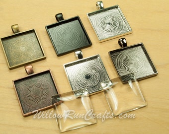 25 pcs 25mm Square Pendant Trays 25mm (1 inch) with 25 Glass Cabochons, Antique Bronze, Antique Copper, Gunmetal, Black and Silver Plated