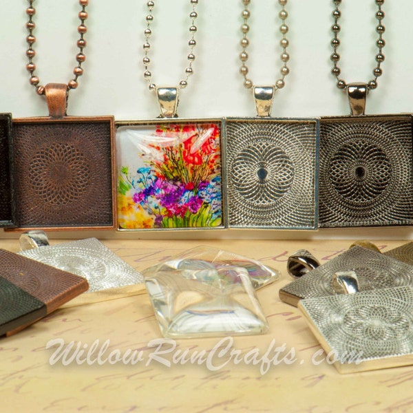 10 DIY 25mm Pendant Necklace Kits, 25mm Square Pendant Trays with Glass and Chain, Pick your choice of chain and colors
