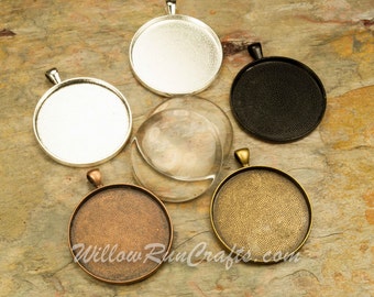 20 pcs 38mm Circle Pendant Trays with 20 Glass Cabochons, in Antique Bronze, Antique Copper, Silver and Black, Blank Bezel Cabochon Setting