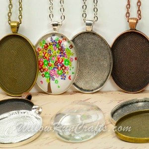 10 DIY Pendant Kits,  30 x 40 Oval Pendant Trays with Glass and Chain, Pick your choice of chain and colors