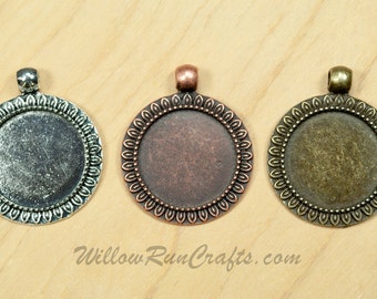 10 pcs 25mm Sunflower Circle Pendant trays  in Antique Copper, Antique Silver, Antique Bronze, Blank Bezel Cabochon Setting