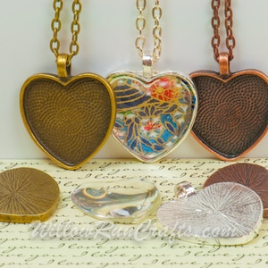 10 DIY Pendant Kits, Make 25mm Heart Pendant Trays with Glass and Chain, Pick your choice of chain and colors