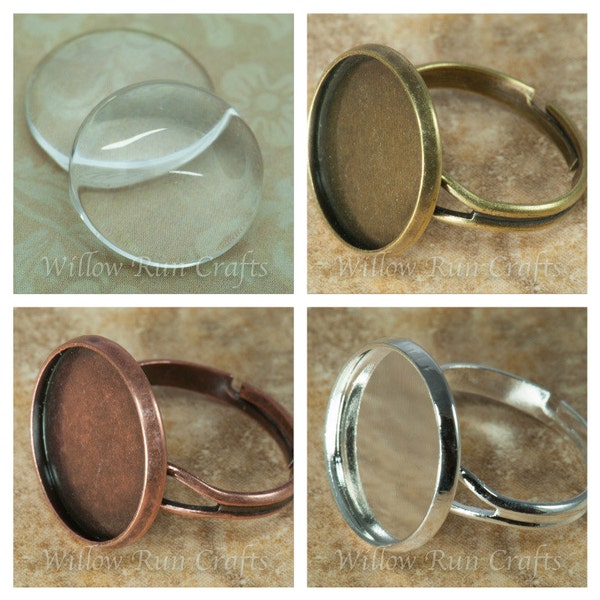 10 pcs 16mm Circle Ring Blanks with 10 Glass Cabochons, Adjustable, Shiny Silver, Bronze and Antique Copper, Blank Cabochon Setting