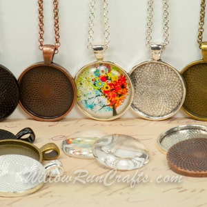 20 DIY 25mm Pendant Necklace Kits, 25mm Circle Pendant Trays with Glass and Chain, Pick your choice of chain and colors