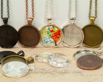 20 DIY 25mm Pendant Necklace Kits, 25mm Circle Pendant Trays with Glass and Chain, Pick your choice of chain and colors