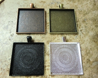 15 pcs 35mm Square Pendant Trays 35mm, Colors are Antique Bronze, Black, Antique Copper and Silver Plated, Blank Bezel Cabochon Setting