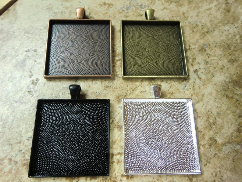 25pcs 35mm Square Pendant Trays, Mix and Match Antique Bronze, Black, Antique Copper and Silver Plated, glass not included image 2