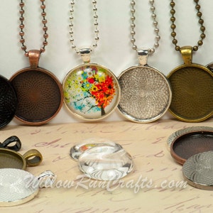 10 sets 25mm Circle DIY Pendant Necklace Kits, Circle Trays with Glass Cabochons and Necklace Chain, Pick your choice of chain and colors