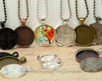 10 sets 25mm Circle DIY Pendant Necklace Kits, Circle Trays with Glass Cabochons and Necklace Chain, Pick your choice of chain and colors