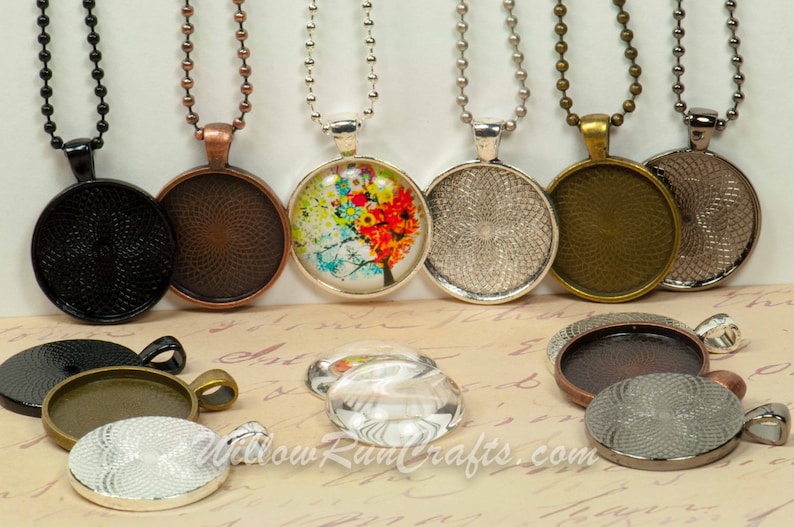 10 sets 25mm Circle DIY Pendant Necklace Kits, Circle Trays with Glass Cabochons and Necklace Chain, Pick your choice of chain and colors image 1