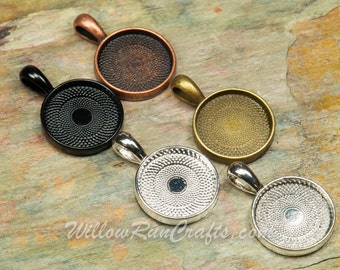 20 pcs 16mm Circle Pendant Trays in Silver, Black, Antique Silver, Ant Bronze and Ant Copper. Blank Bezel Cabochon Setting