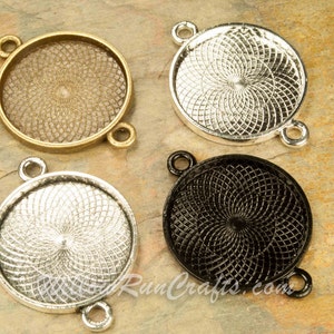 30 Pack 25mm Circle Pendant Trays Double Connector Bezel, Silver, Bronze, Black and Antique Silver, Blank Bezel Cabochon Setting