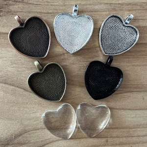 10 pcs 25mm Heart Pendant Trays with 10 Glass Heart Cabochons, 25mm Hearts, Shiny Silver, Antique Silver, Antique Bronze, and Antique Copper
