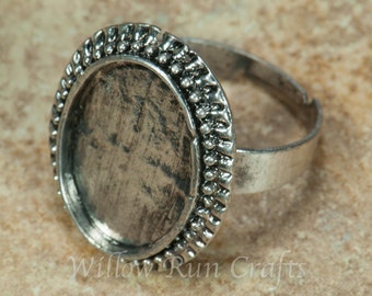 20 pcs 13 x 18mm Ring Blanks, Antique Silver Decorative Edge Setting, Ring Bezel  (07-42-881), Blank Ring Cabochon Setting