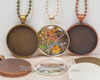 20 DIY Pendant Kits, 30mm Circle Pendant Trays with Glass and Chain, Pick your choice of chain and colors