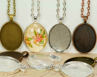 30 DIY Pendant Kits, 22 x 30 Oval Pendant Trays with Glass and Chain, Pick your choice of chain and colors