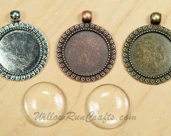 20 pcs Sunflower 25mm Circle Pendant trays wtih 20 Circle Glass Cabochons in Antique Copper, Antique Silver, and Antique Bronze