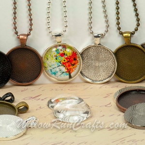 50 DIY Pendant Necklace Kits,  25mm Circle Pendant Trays with Glass Cabochons and Necklace Chain, Pick your choice of chain and colors