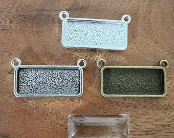 10pcs 10mm x 25mm Horizontal Rectangle Pendant Trays with Glass  in Antique Bronze,  Antique Silver and Silver, Bezel Cabochon Setting