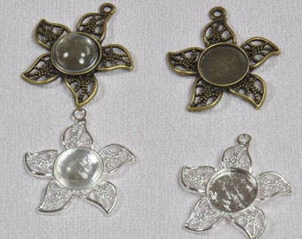 20 pcs 12mm Flower Pendant Trays with 20 Glass Cabochons 12mm in Antique Bronze or Silver, Blank Bezel Cabochon Setting